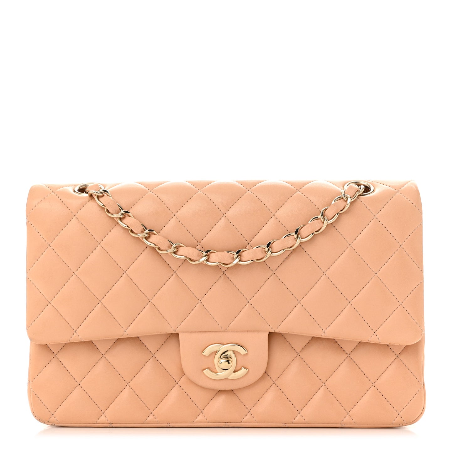 Lambskin Quilted Medium Double Flap Beige