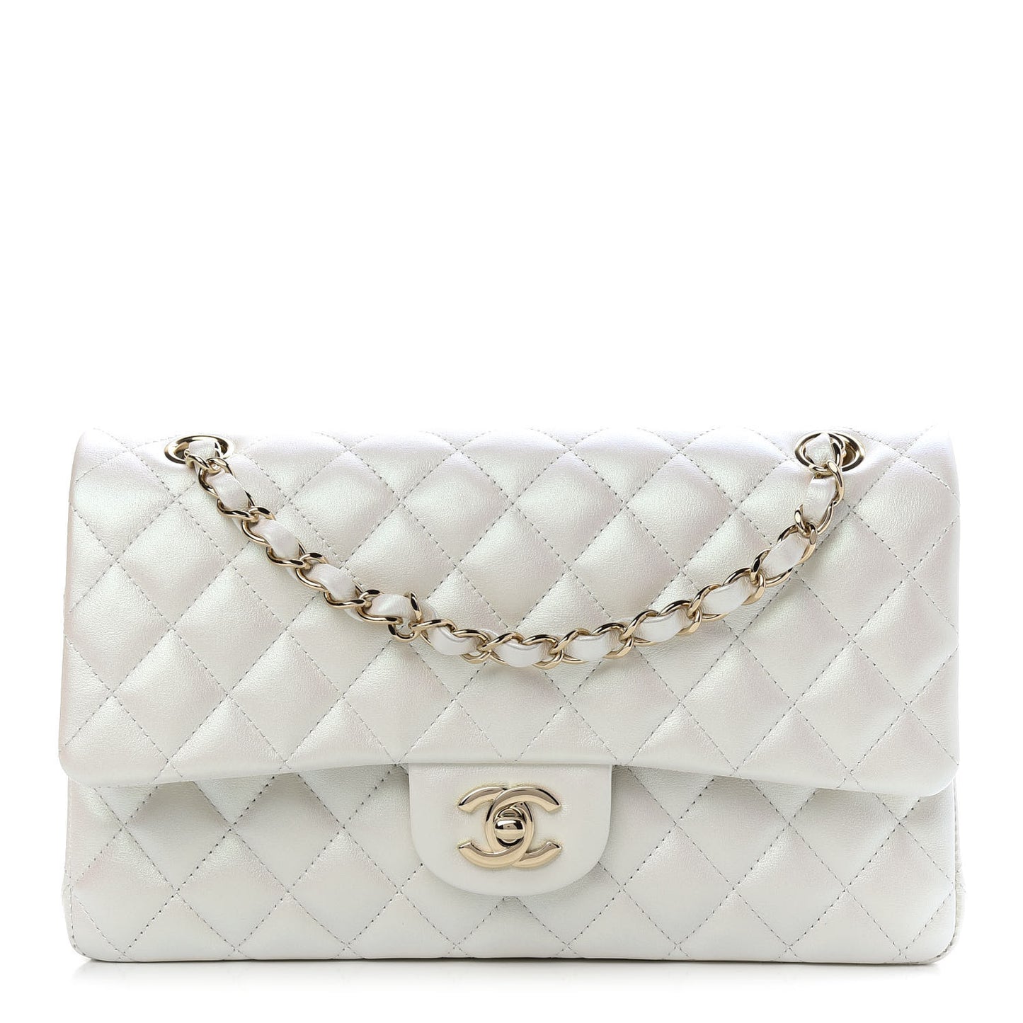 Iridescent Calfskin Quilted Medium Double Flap White