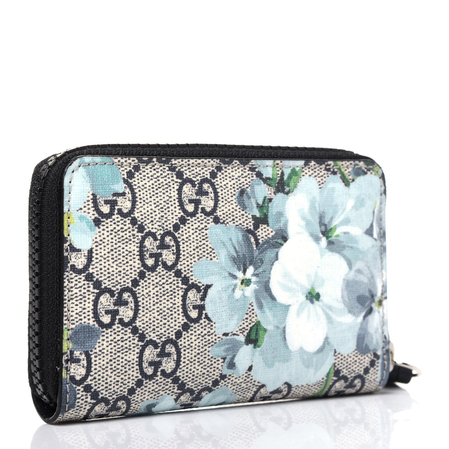 GG Supreme Monogram Blooms Zip Around Card Case Wallet Beige Blue Navy