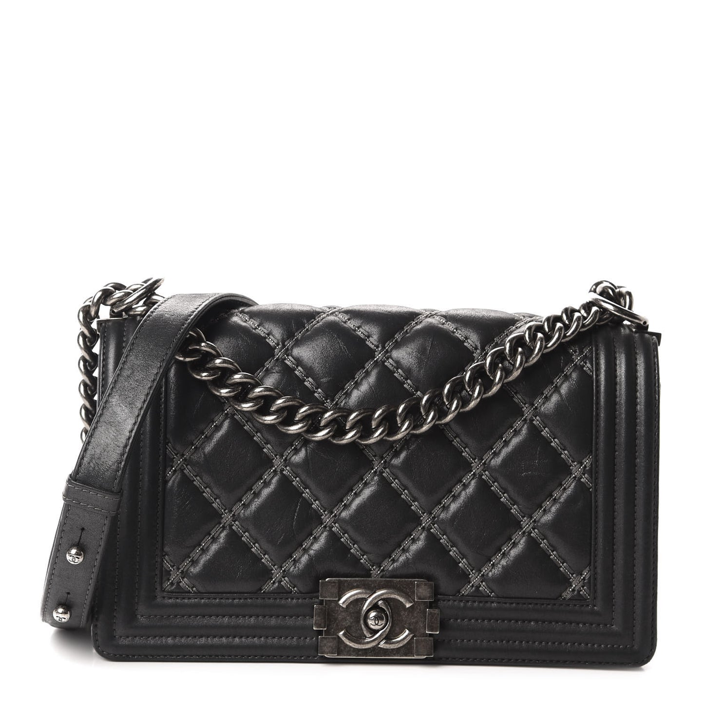 Iridescent Calfskin Embellished Double Stitch Medium Boy Flap Black