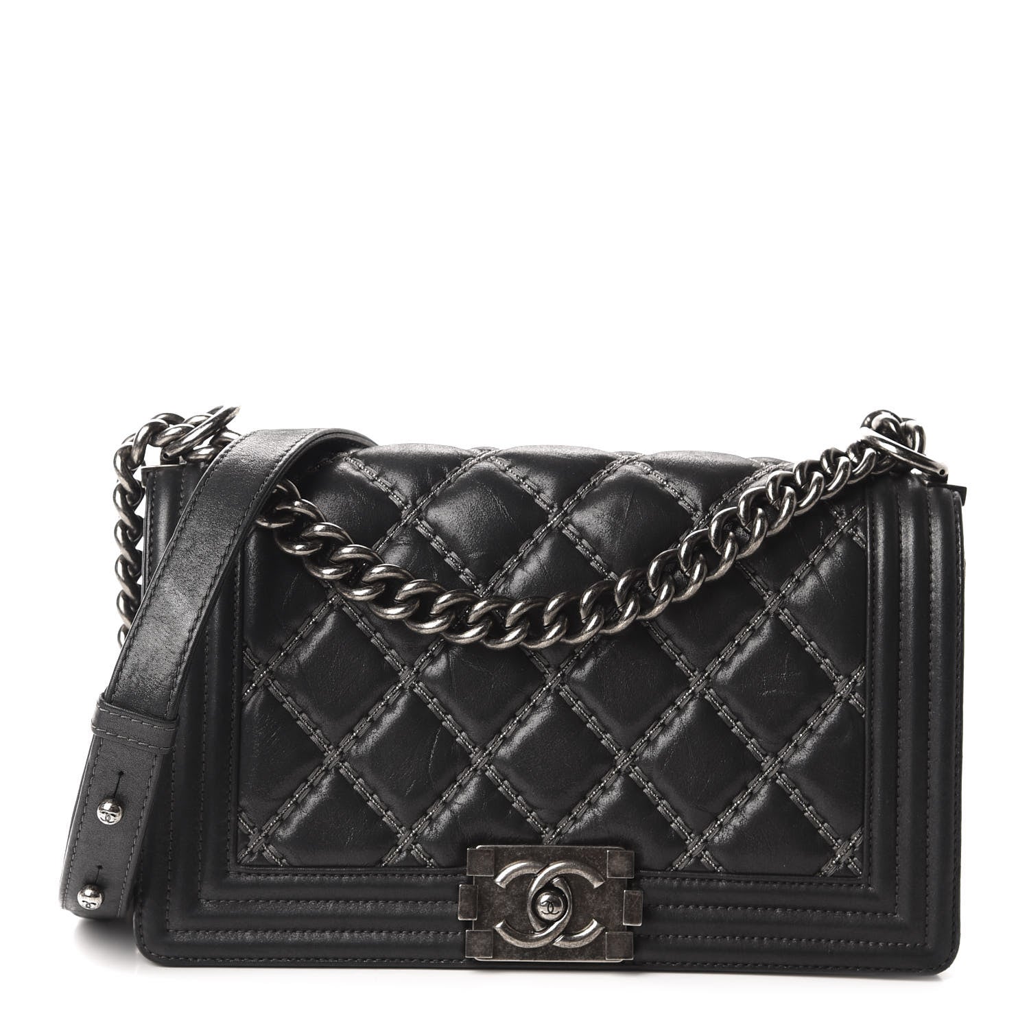 Chanel Iridescent Calfskin Embellished Double Stitch Medium Boy Flap Black 1 of 12