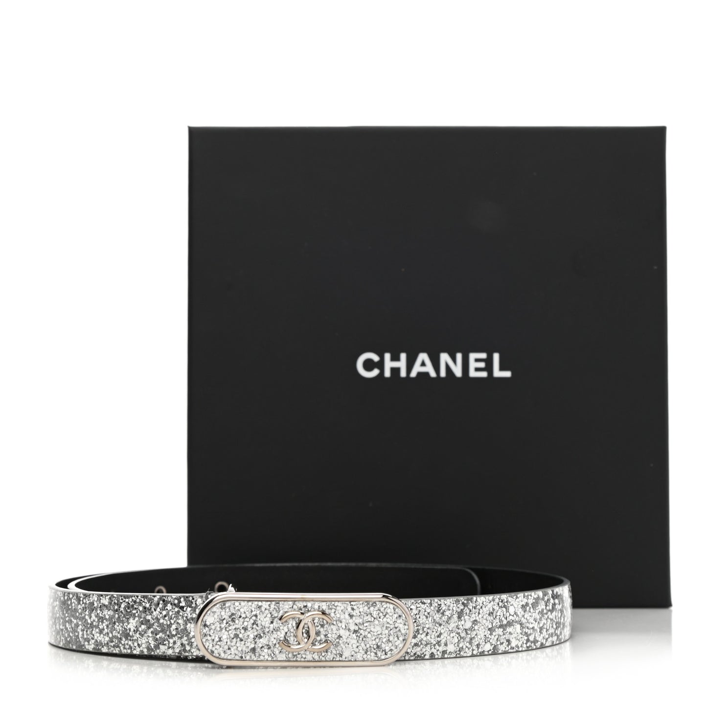 Glitter Calfskin CC Logo Skinny Belt 70 28 Silver
