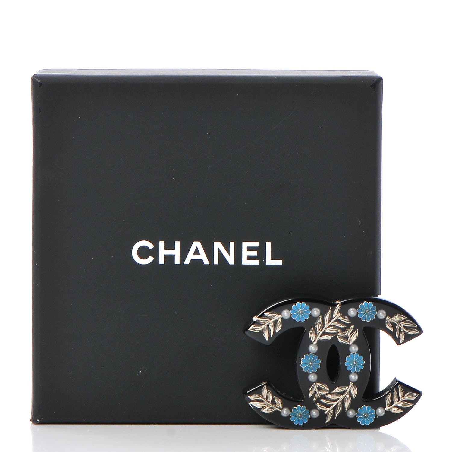 Chanel Resin Pearl Enamel Flower CC Brooch Black Blue Gold 5 of 5