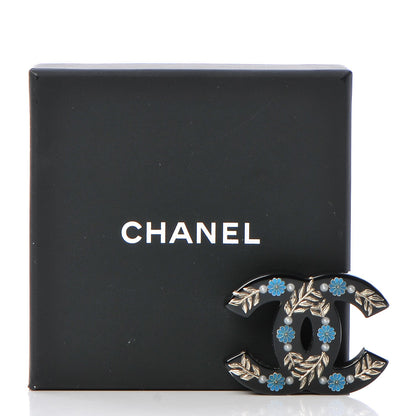 Chanel Resin Pearl Enamel Flower CC Brooch Black Blue Gold 5 of 5