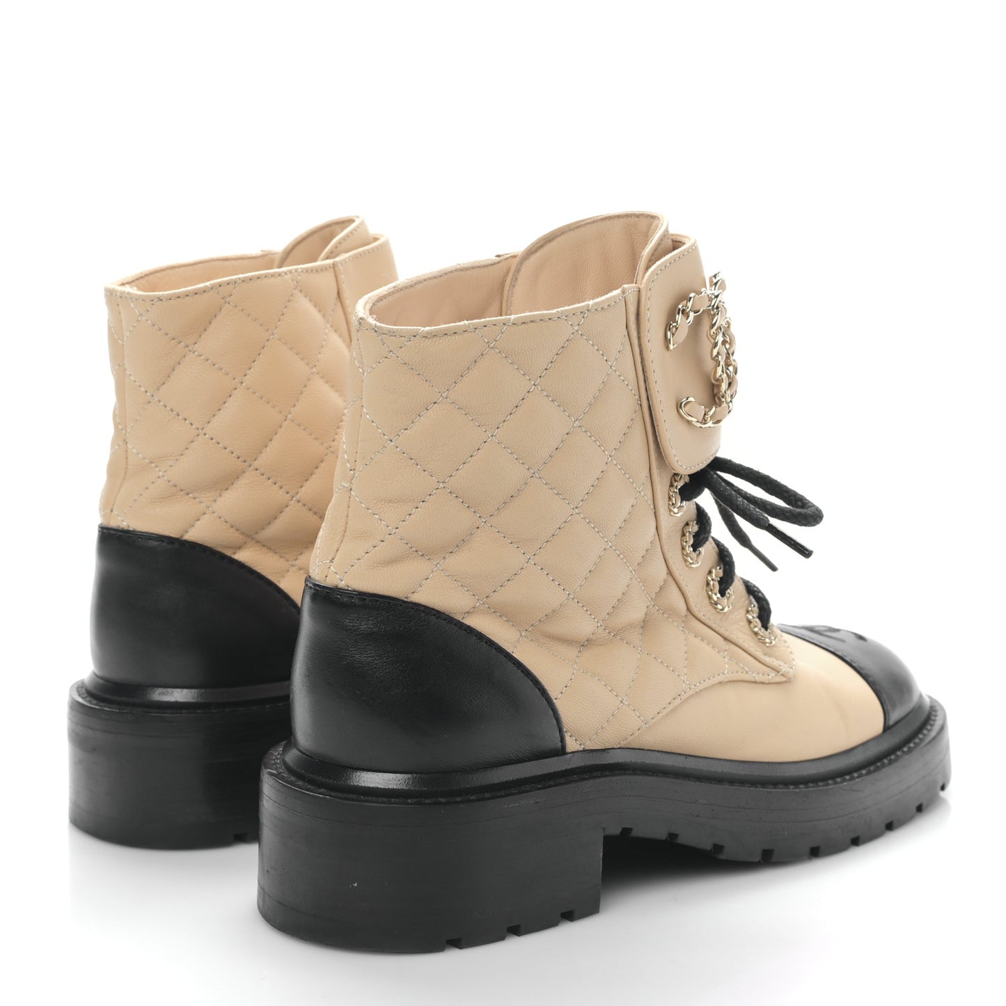 Lambskin Calfskin Quilted Lace Up Combat Boots 35.5 Beige Black