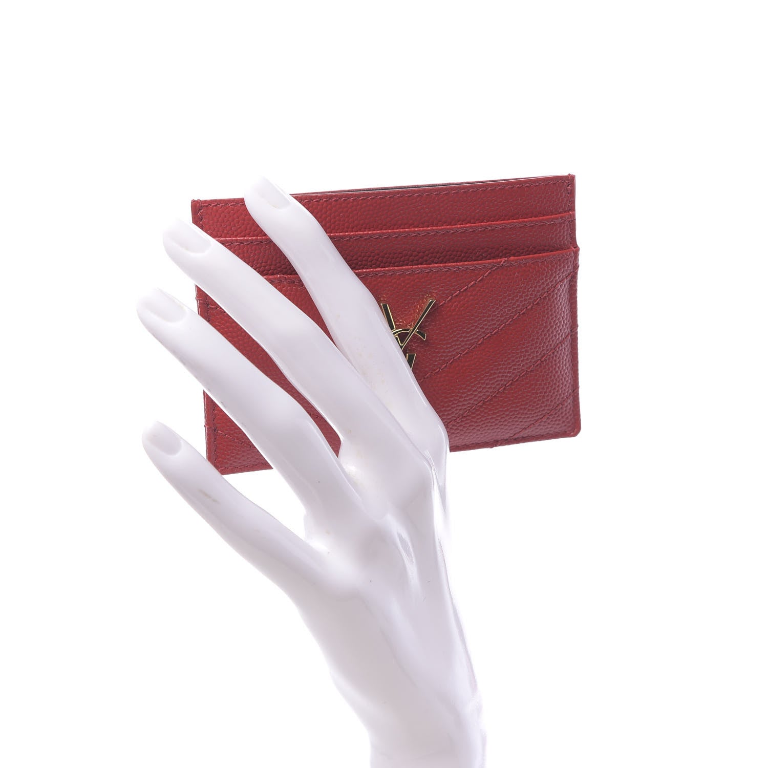 Saint Laurent Grain De Poudre Matelasse Chevron Monogram Credit Card Case New Red 2 of 8