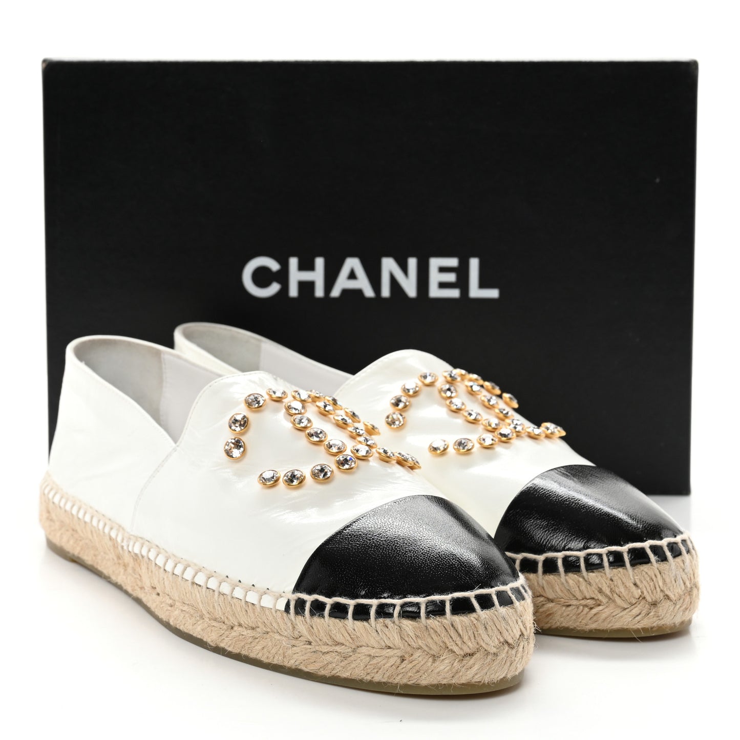 Patent Calfskin Crystal CC Espadrilles 41 White Black