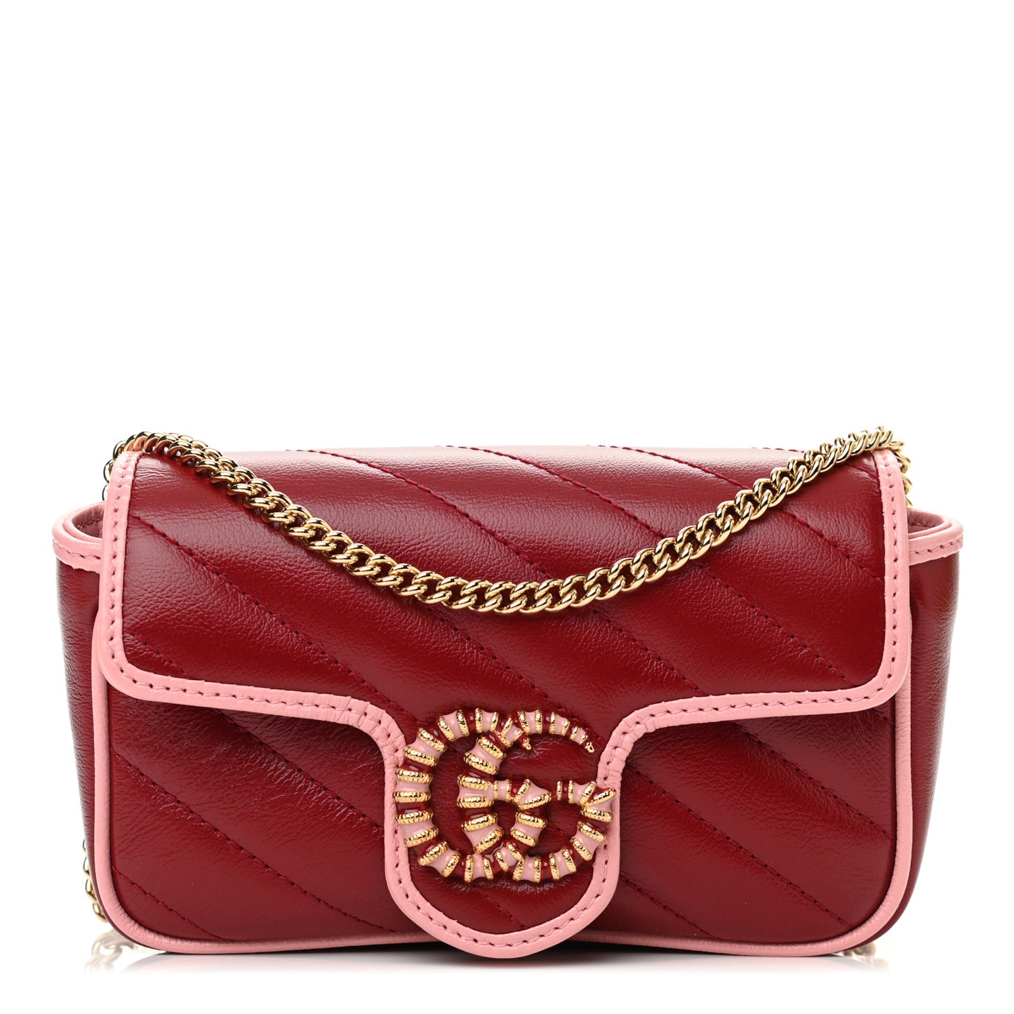 Azalea Calfskin Enamel Matelasse Diagonal Super Mini Torchon GG Marmont Shoulder Bag New Cherry Red Wild Rose