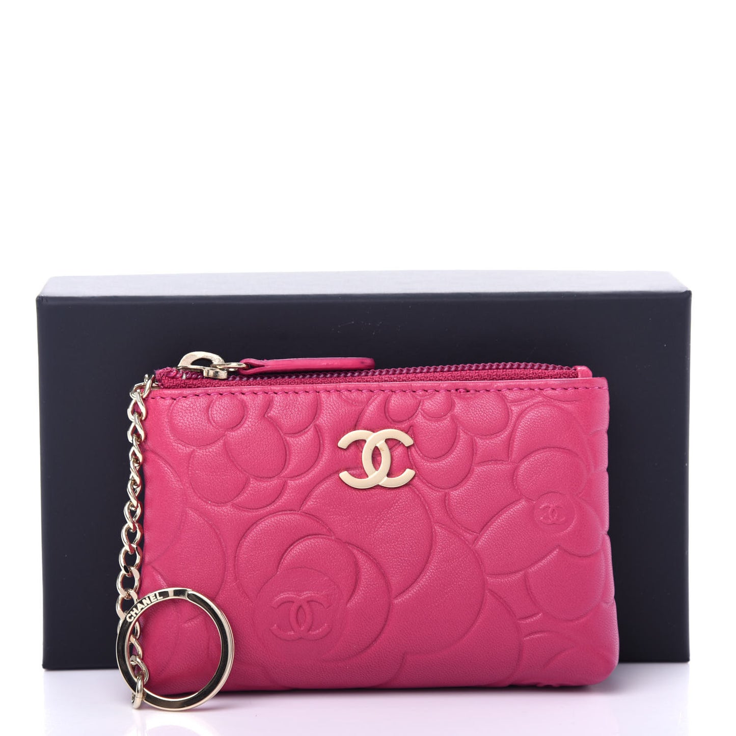 Lambskin Camellia Embossed Key Holder Case Fuchsia