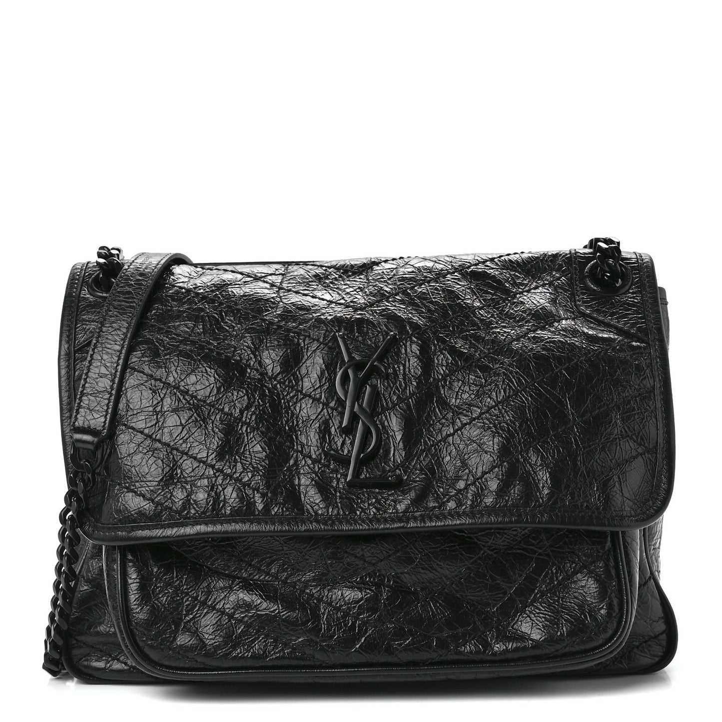 Crinkled Calfskin Matelasse Monogram Medium Niki Chain Satchel Black