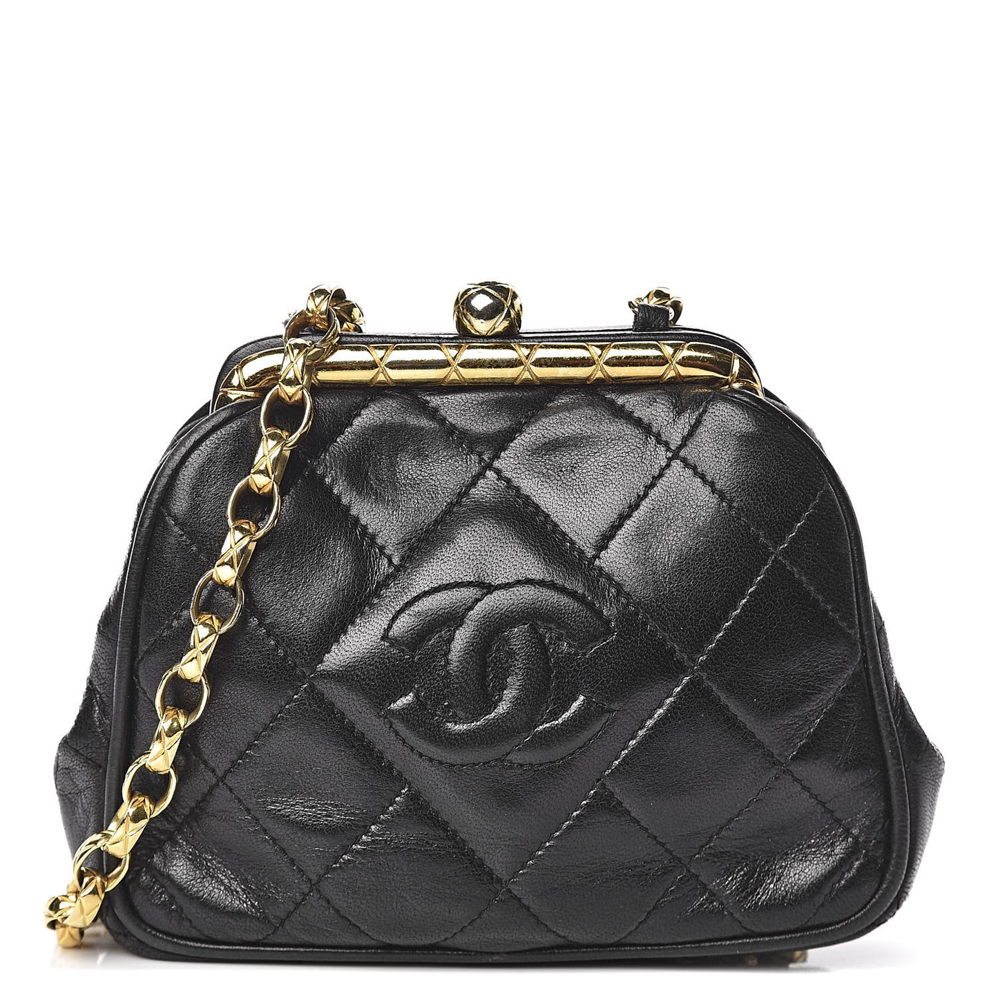 Lambskin Quilted CC Small Kisslock Evening Bag Black