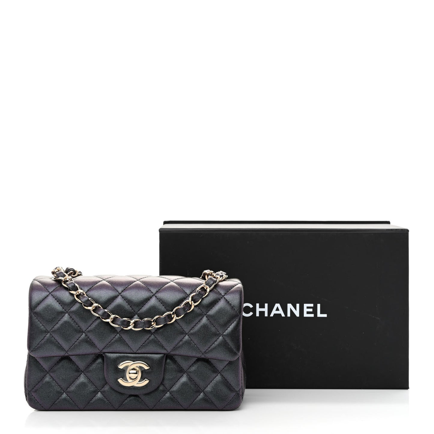 Iridescent Lambskin Quilted Mini Rectangular Flap Black