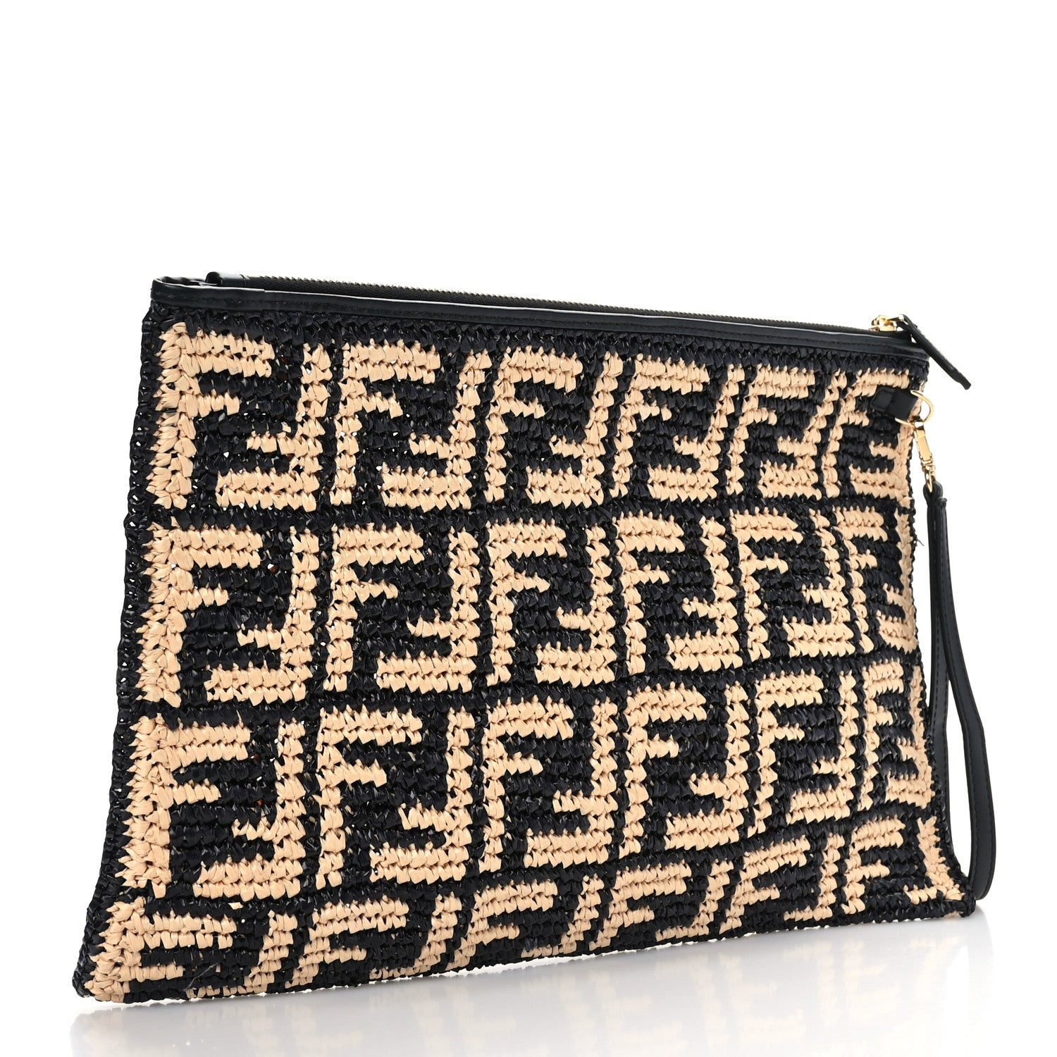 Fendi Raffia FF 1974 Large Flat Pouch Black Natural 3 of 6