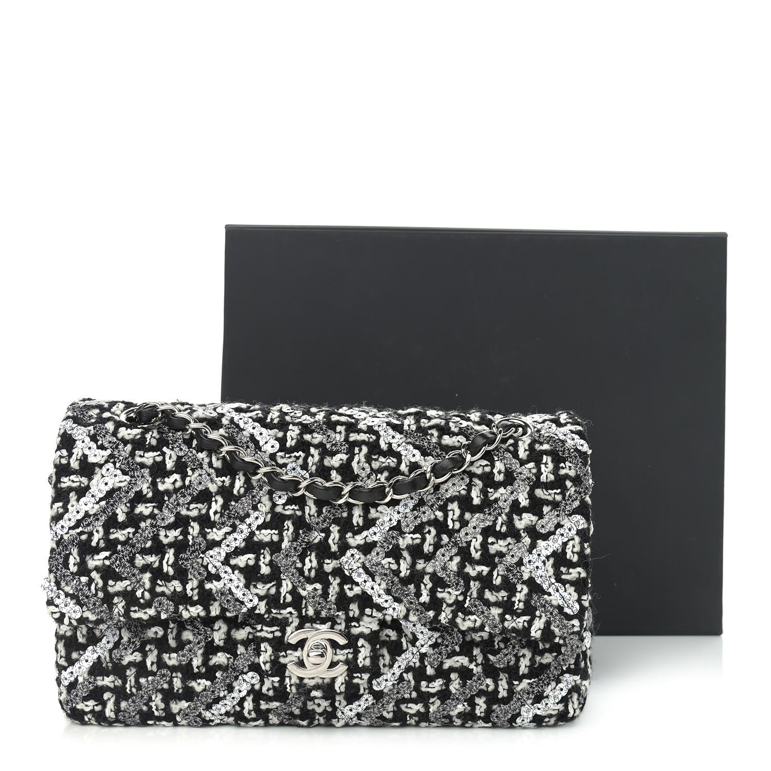 Chanel Tweed Sequin Quilted Medium Double Flap Black White 11 of 11