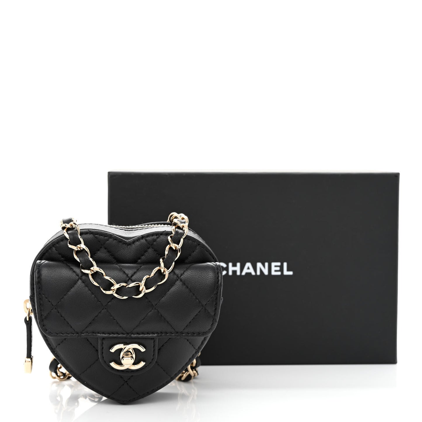 Lambskin Quilted CC In Love Heart Waist Belt Bag With Chain Black