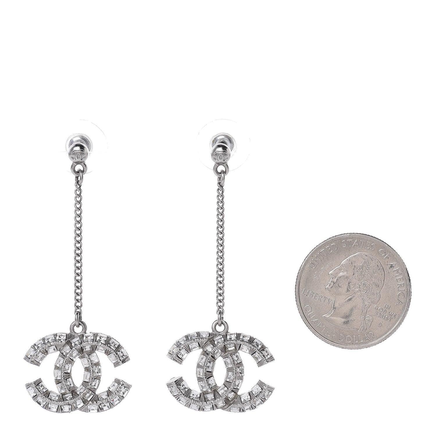 Chanel Baguette Crystal CC Drop Earrings Silver 2 of 4