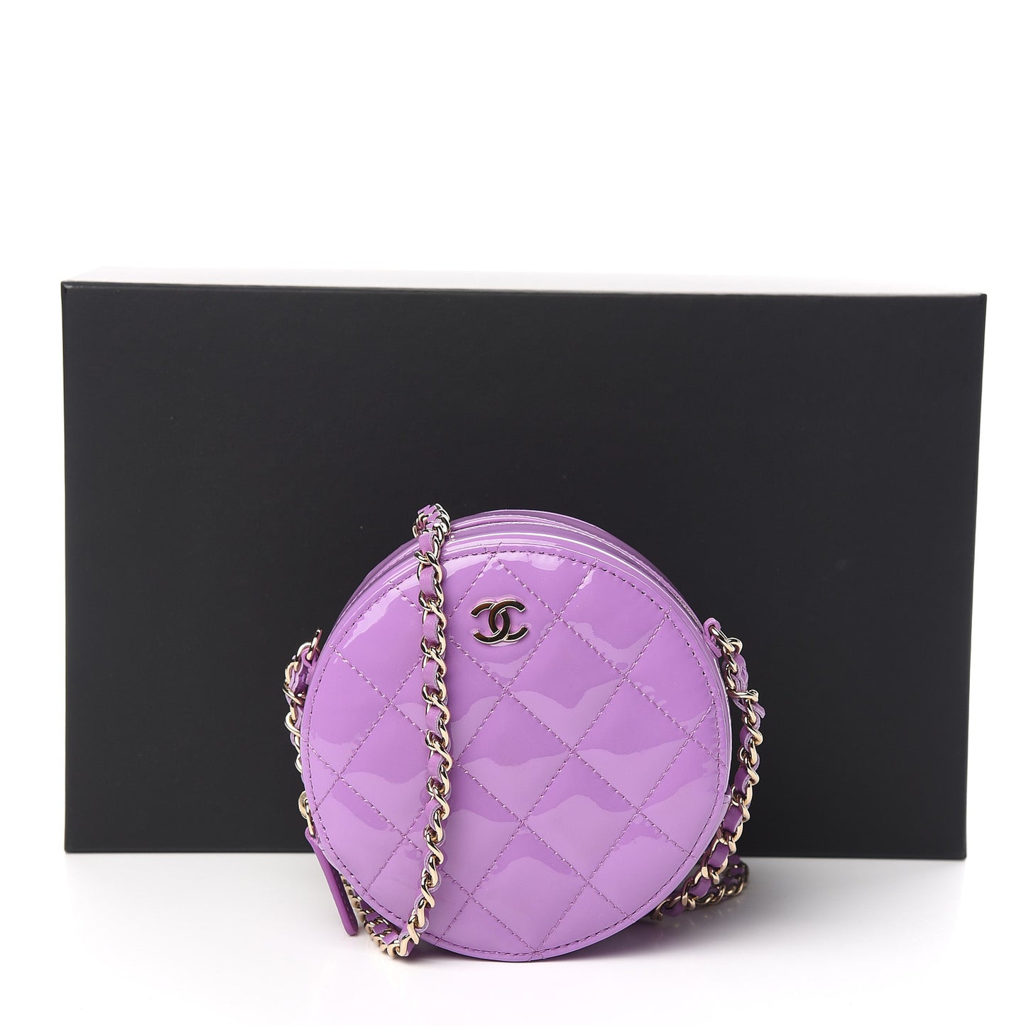 Patent Quilted Round Clutch With Chain Purple