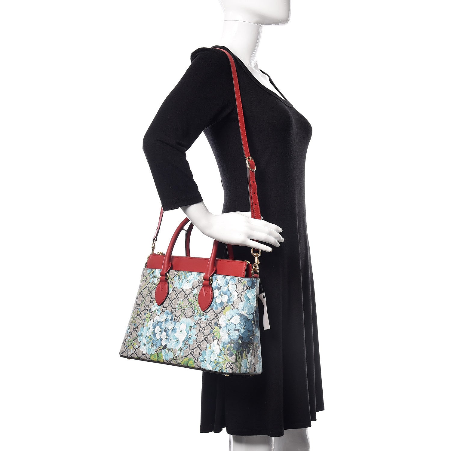Gucci GG Supreme Monogram Blooms Medium Zip Top Tote Beige Blue Navy Hibiscus Red 2 of 15