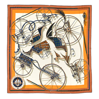 Hermes Cashmere Silk Voitures en Equilibre Shawl 140 Terracotta Mangue Vert Amande 1 of 5