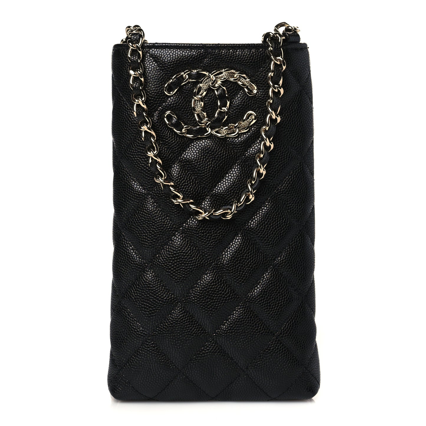 Caviar Quilted French New Wave Phone Holder With Chain Black