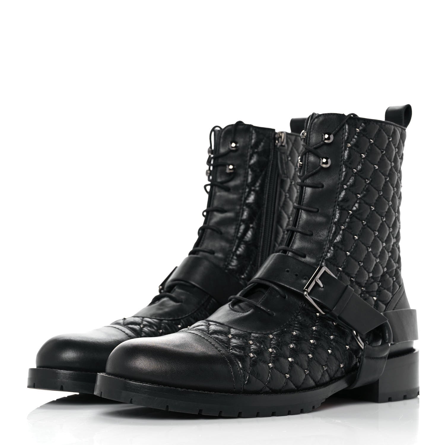 Valentino Garavani Crackled Lambskin Rockstud Spike 20mm Combat Boots 41 Black 3 of 8