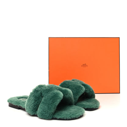 Hermes Woolskin Oran Sandals 37 Vert Anglais 8 of 8