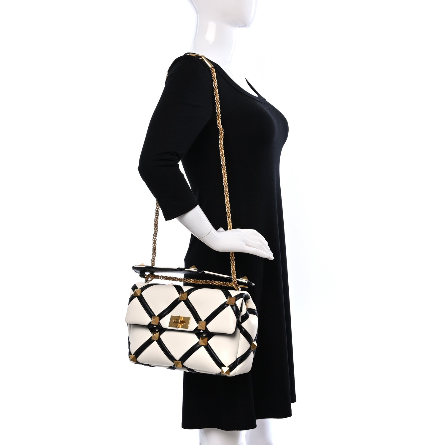 Valentino Garavani Nappa Large Roman Stud Shoulder Bag Ivory Black 2 of 8