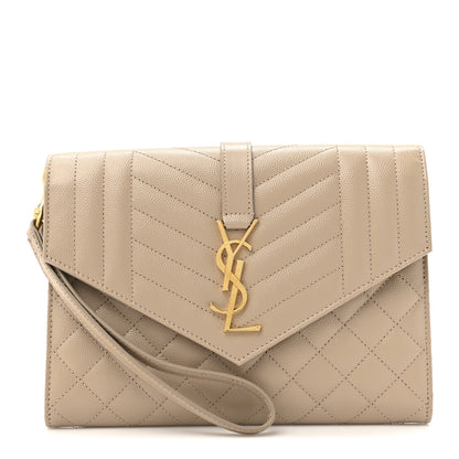 Saint Laurent Grain De Poudre Textured Mixed Matelasse Triquilt Monogram Clutch Dark Beige 1 of 7