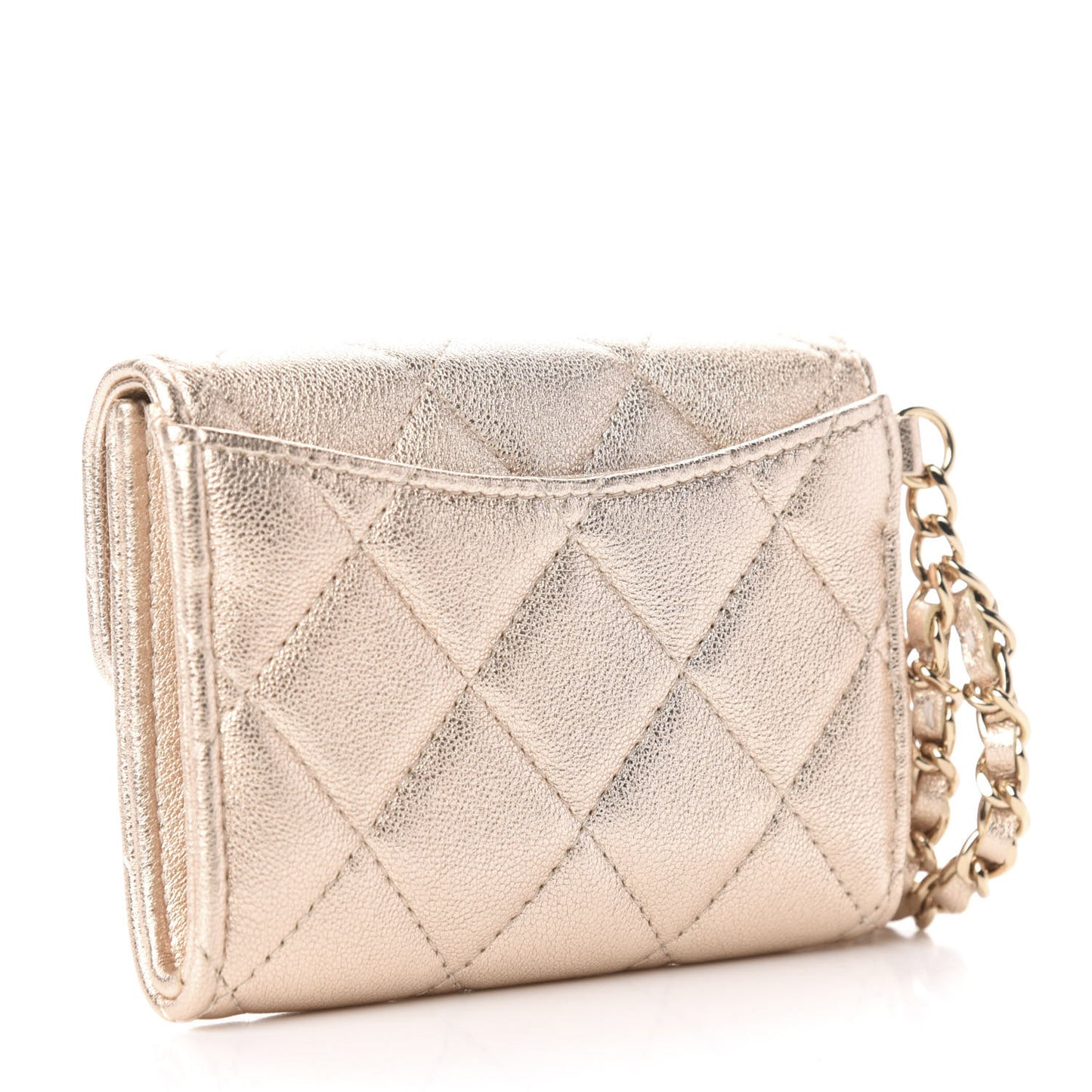 Metallic Lambskin Quilted Flap Card Holder Chain Wristlet Gold