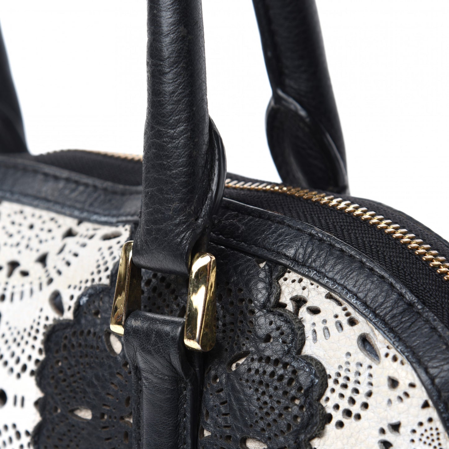 Calfskin Laser Cut Lace Small Orchard Bowling Bag Black White
