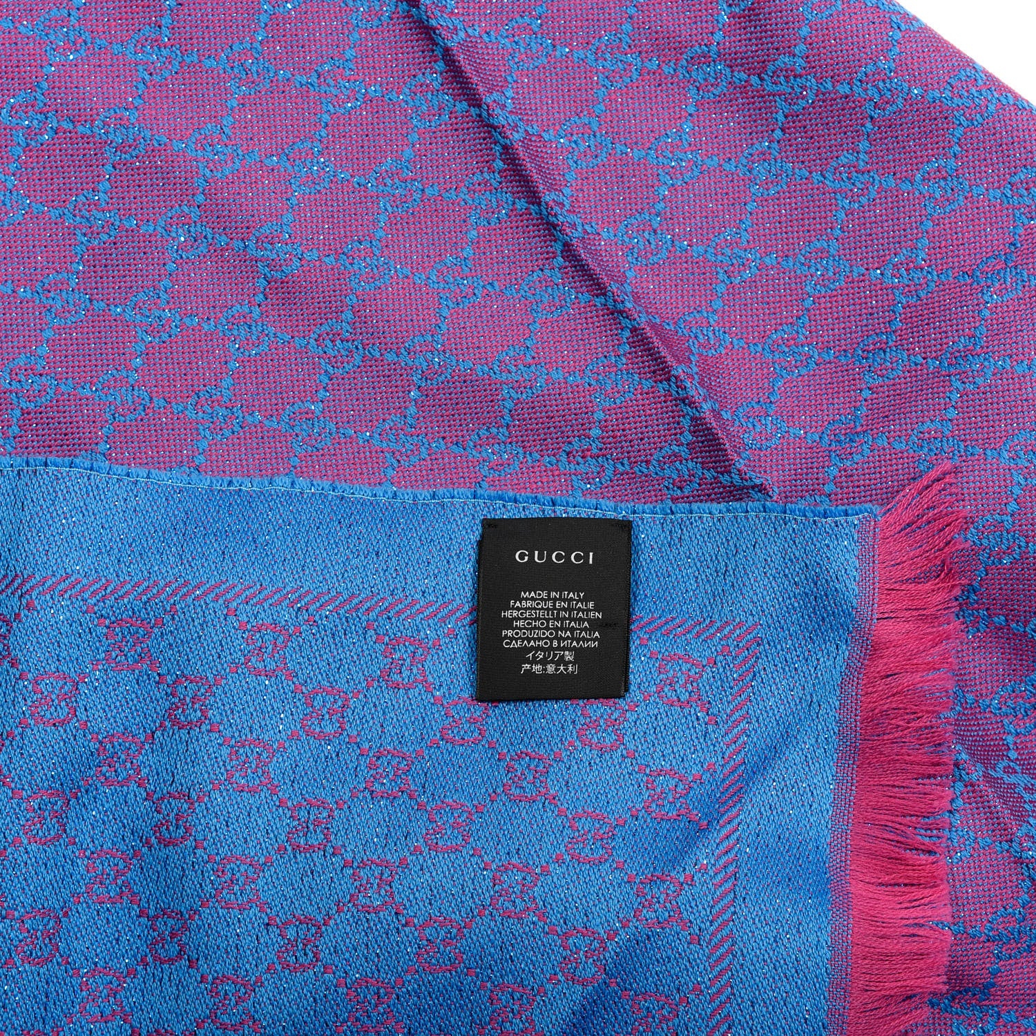 Gucci Wool Lame Jacquard GG Monogram Stenlux Scarf Fuxia Sky Blue 4 of 4