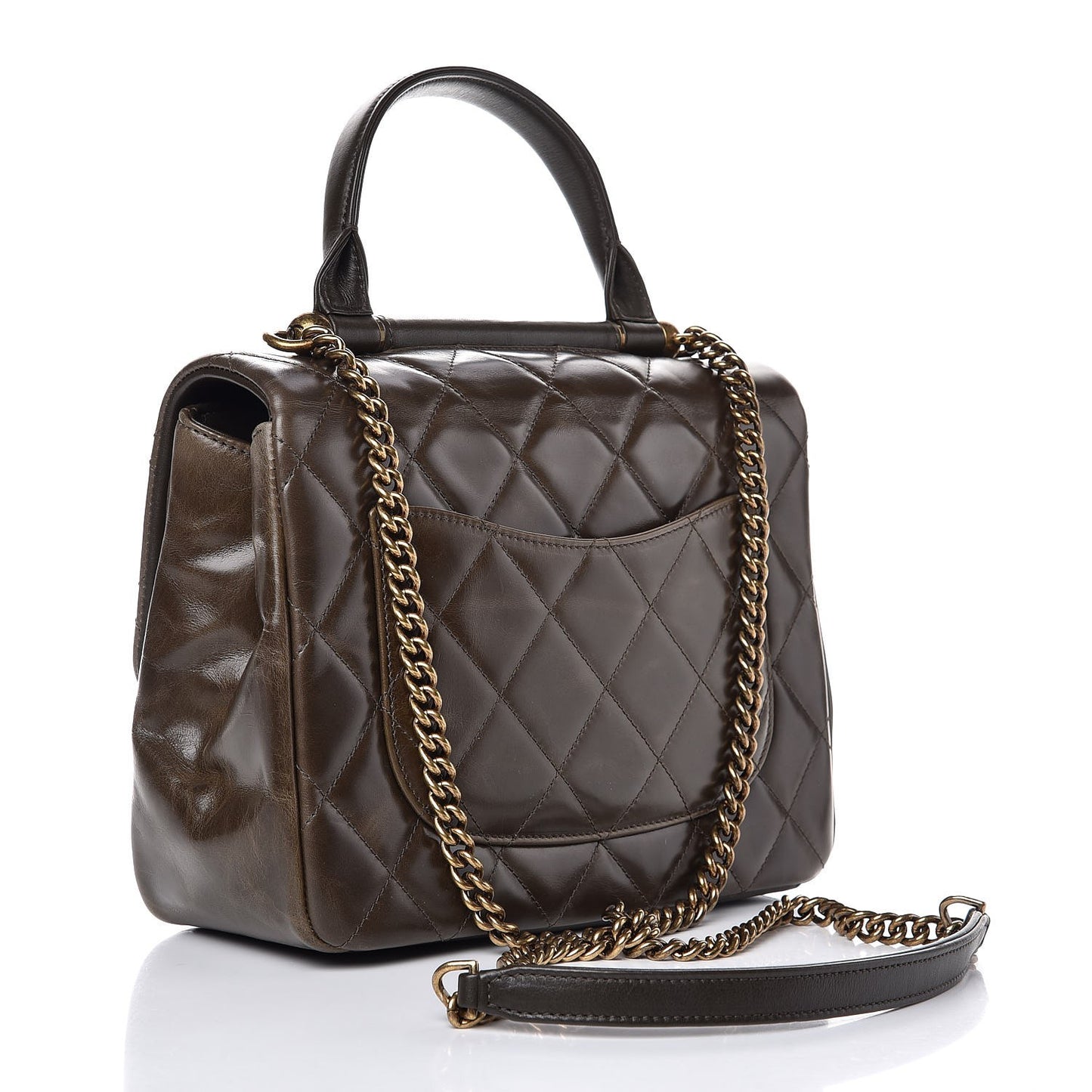 Calfskin Quilted Medium Gold Bar Top Handle Flap Dark Khaki