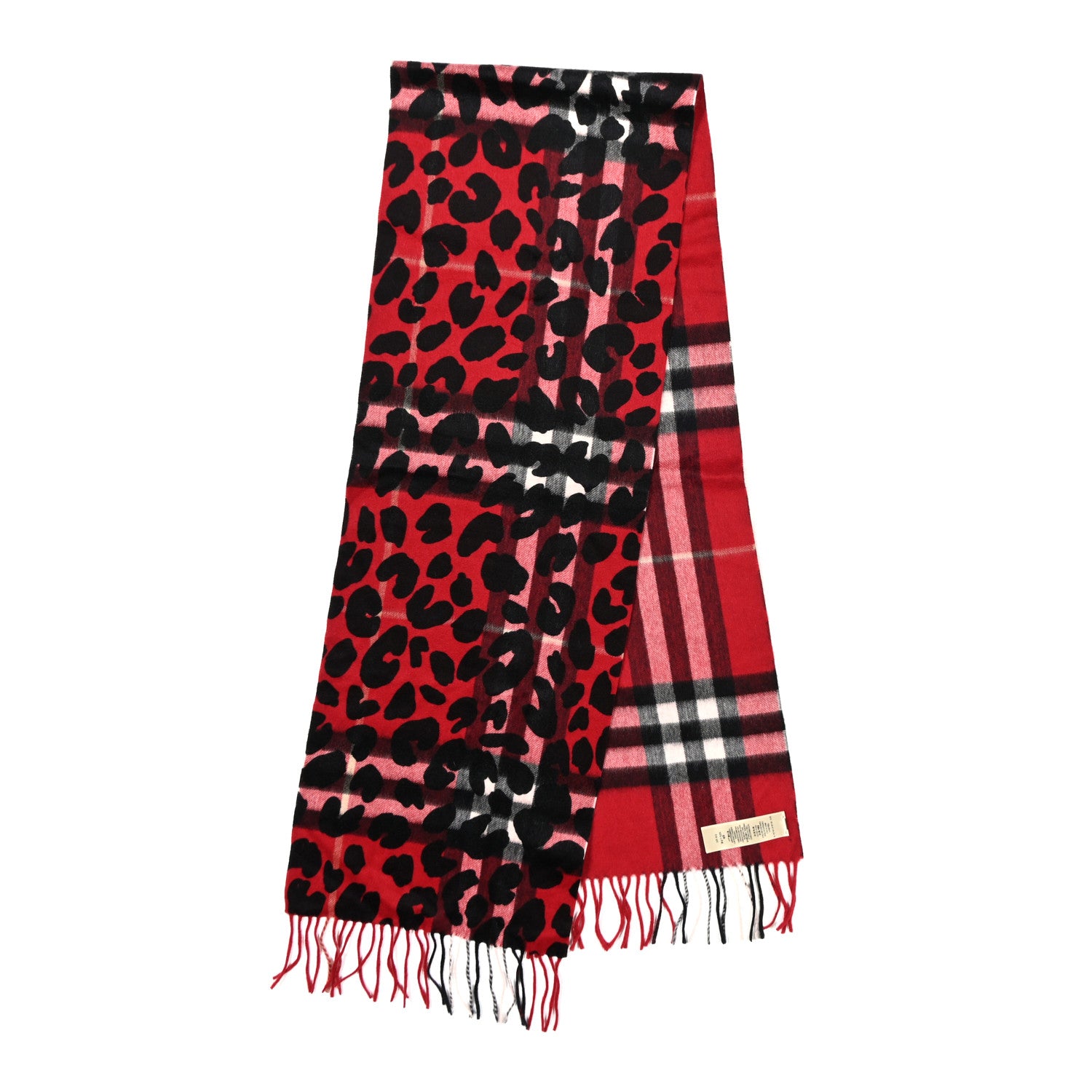 Burberry Cashmere Giant Check Animal Print Fringe Scarf Red