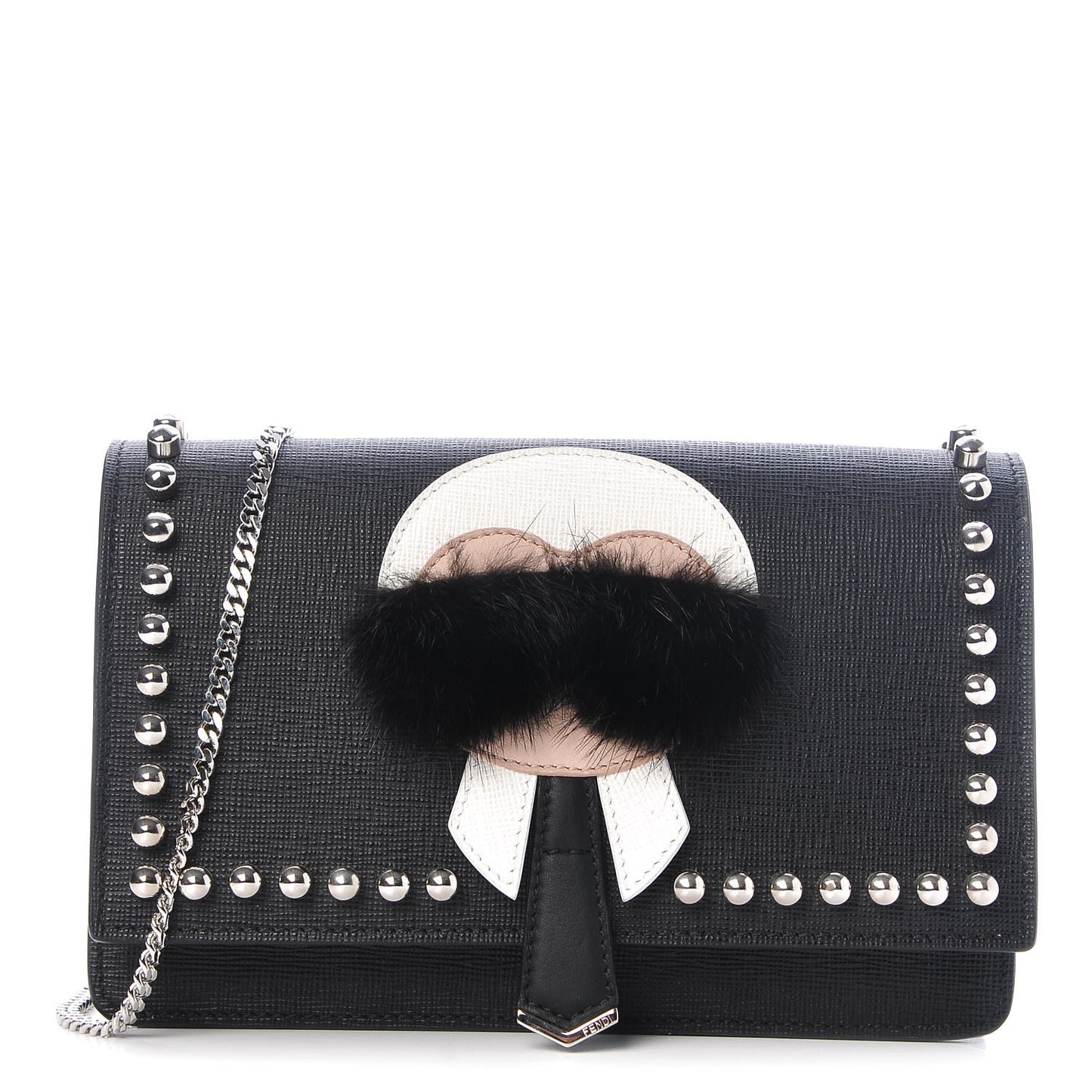Vitello Elite Mink Fur Studded Karlito Tube Wallet on Chain Black