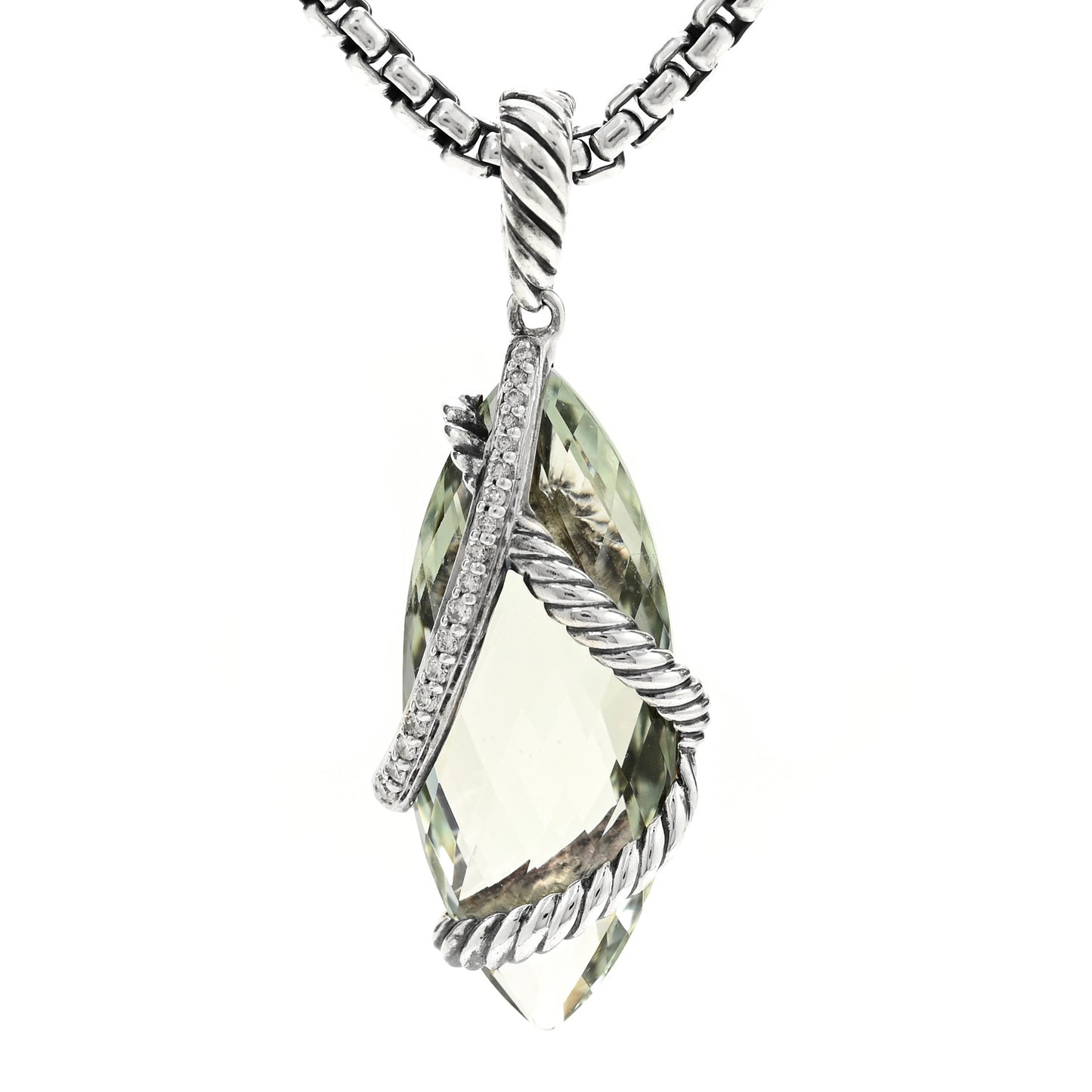 Sterling Silver Diamond Prasiolite Elongated Cable Wrap Pendant Necklace