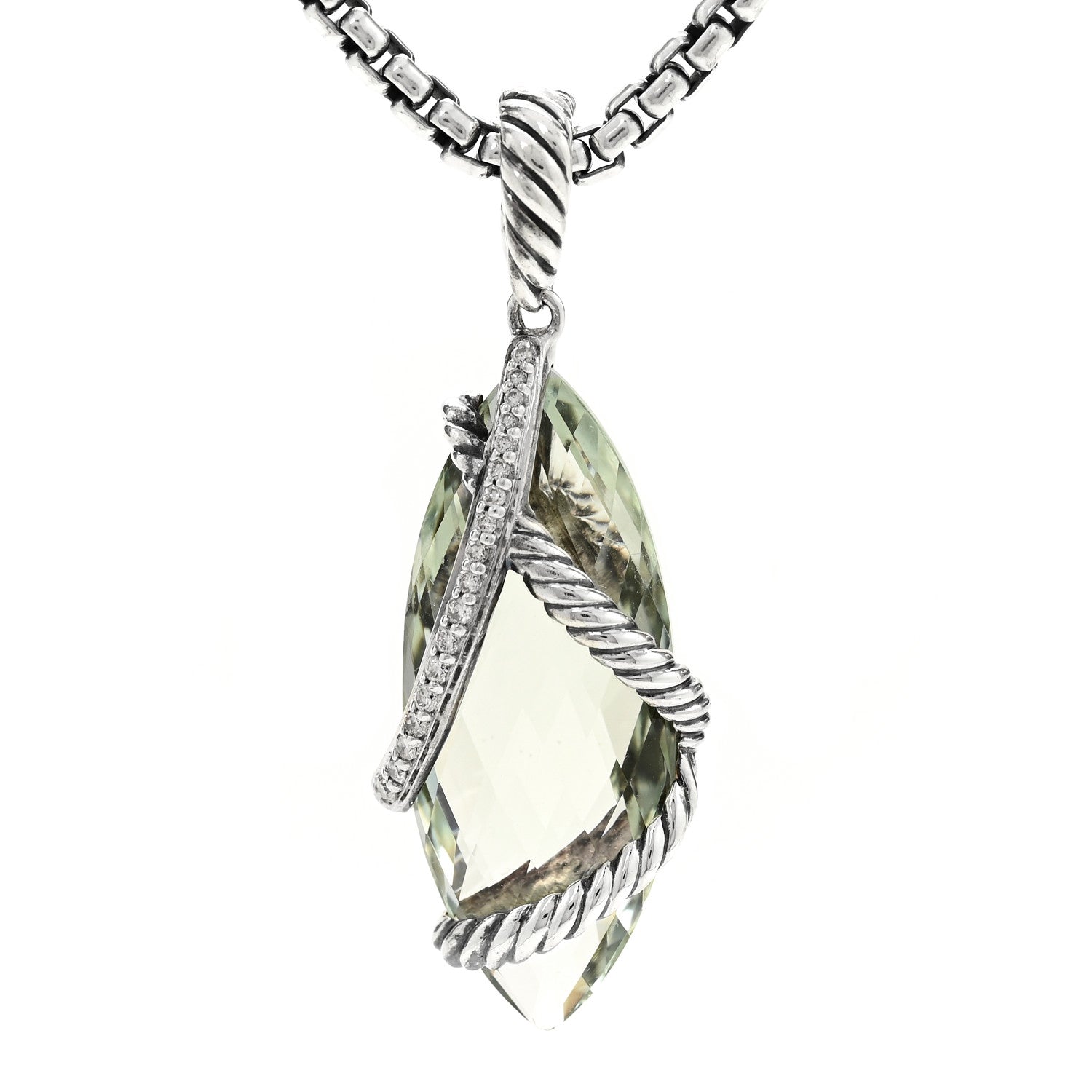 David Yurman Sterling Silver Diamond Prasiolite Elongated Cable Wrap Pendant Necklace 4 of 6