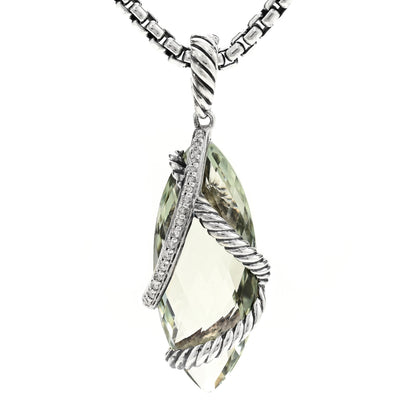 David Yurman Sterling Silver Diamond Prasiolite Elongated Cable Wrap Pendant Necklace 4 of 6