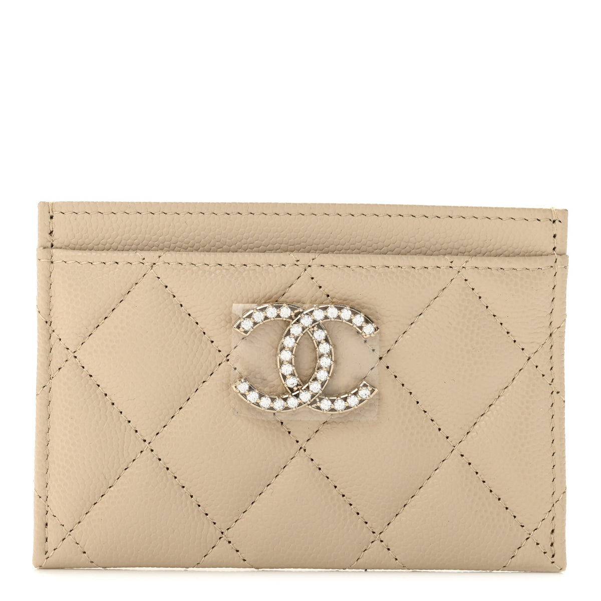 Caviar Quilted Crystal Card Holder Beige