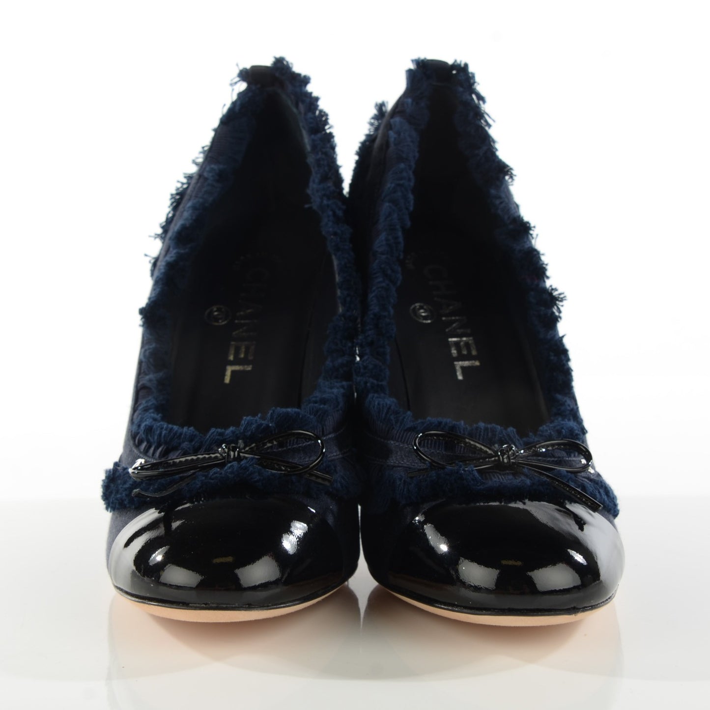 Patent Calfskin Satin Cap Toe Pumps 37.5 Navy Black