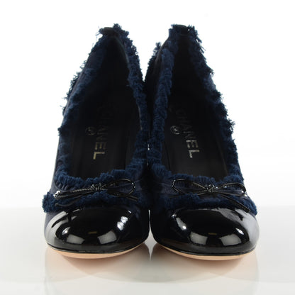 Chanel Patent Calfskin Satin Cap Toe Pumps 37.5 Navy Black 2 of 8