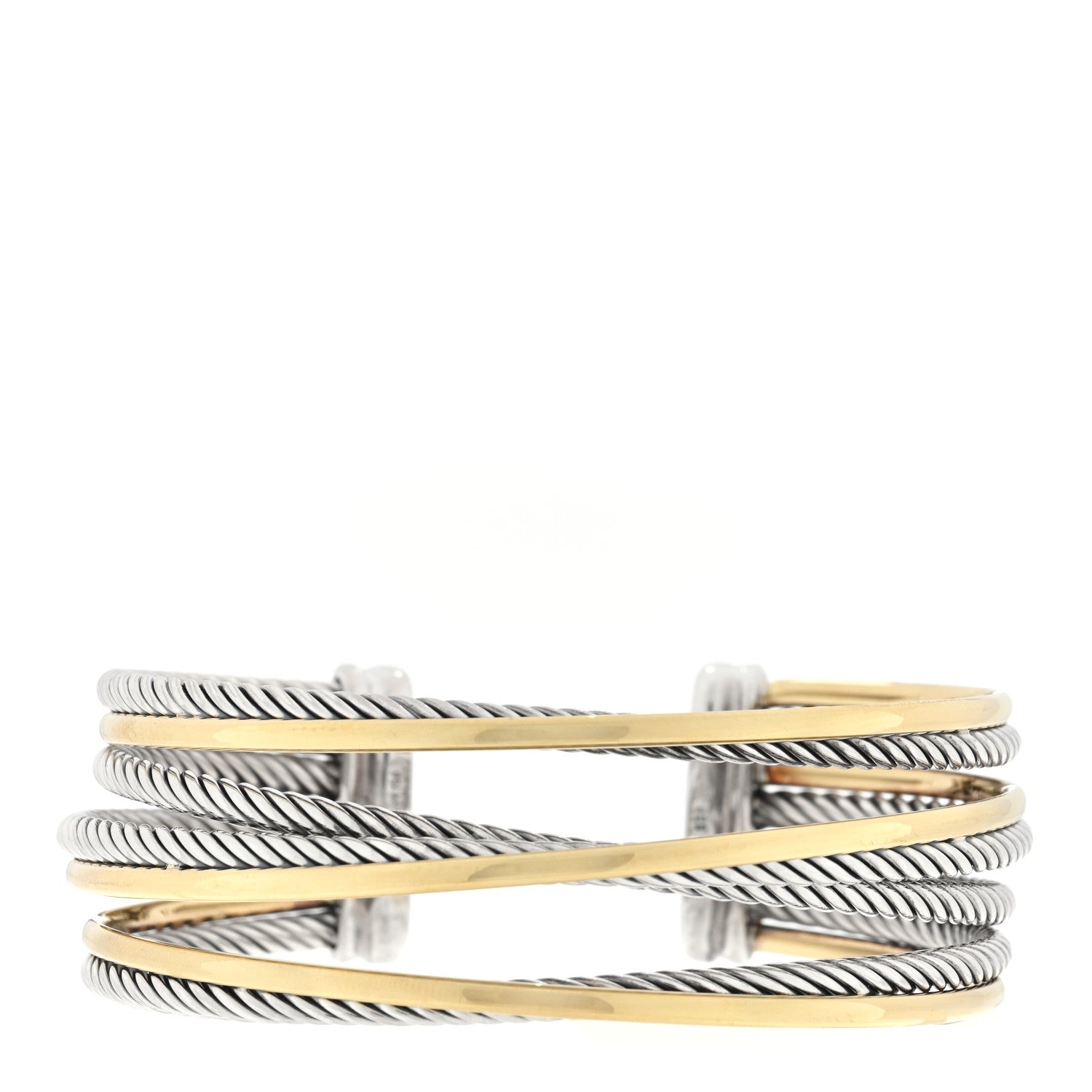 David Yurman Sterling Silver 18K Yellow Gold 21mm Four Row Crossover Cuff Bracelet 1 of 3