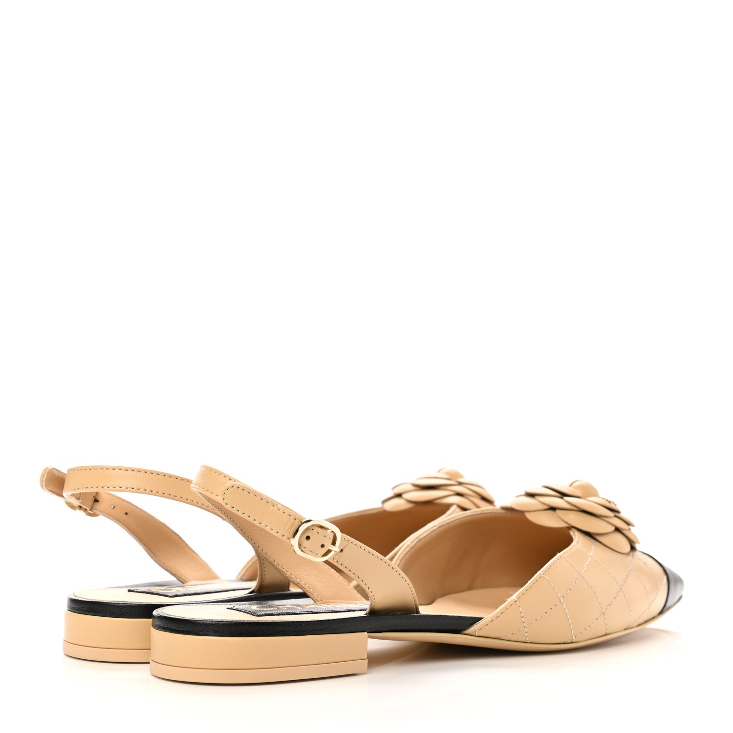Chanel Lambskin Stitched Camellia Slingback Flats 40.5 Beige Black 4 of 9