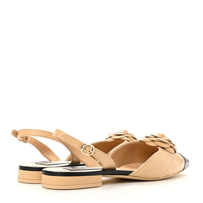 Chanel Lambskin Stitched Camellia Slingback Flats 40.5 Beige Black 4 of 9