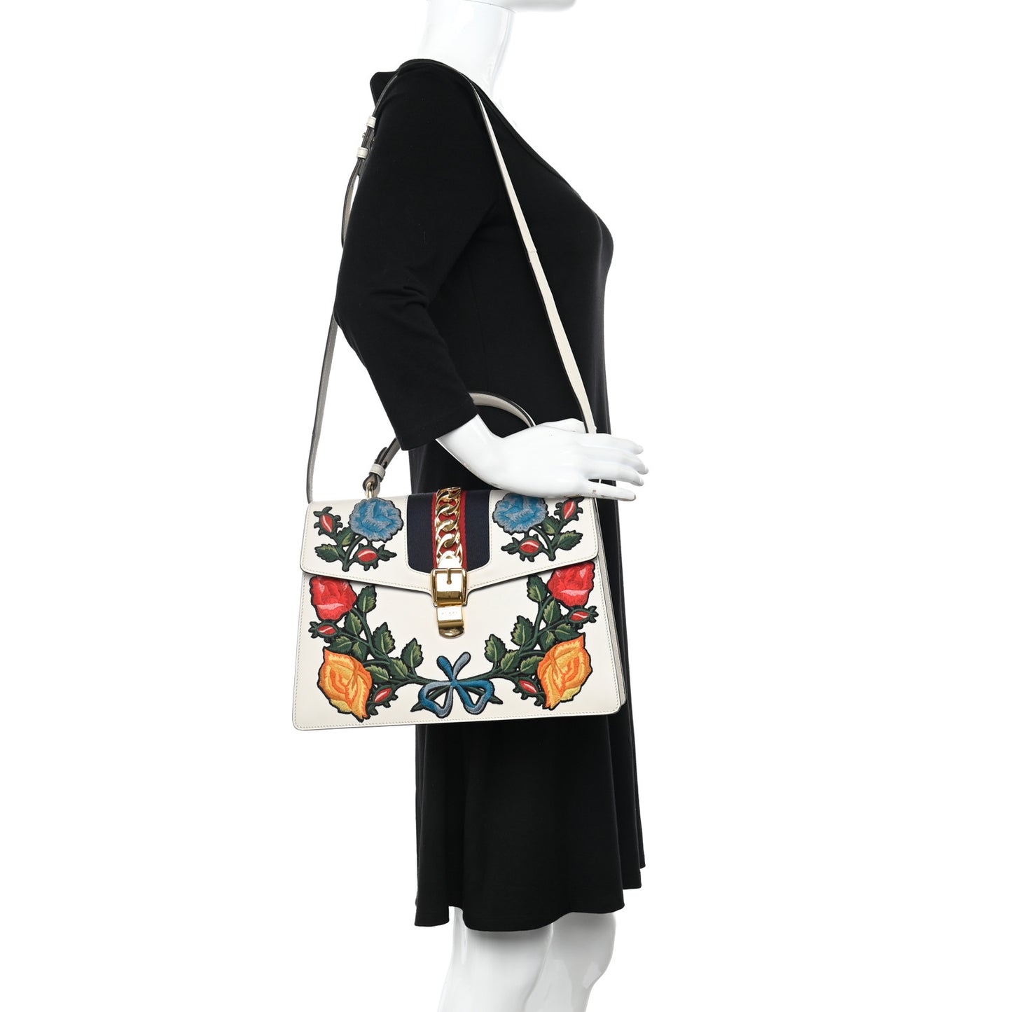Calfskin Floral Medium Sylvie Top Handle Bag Off White
