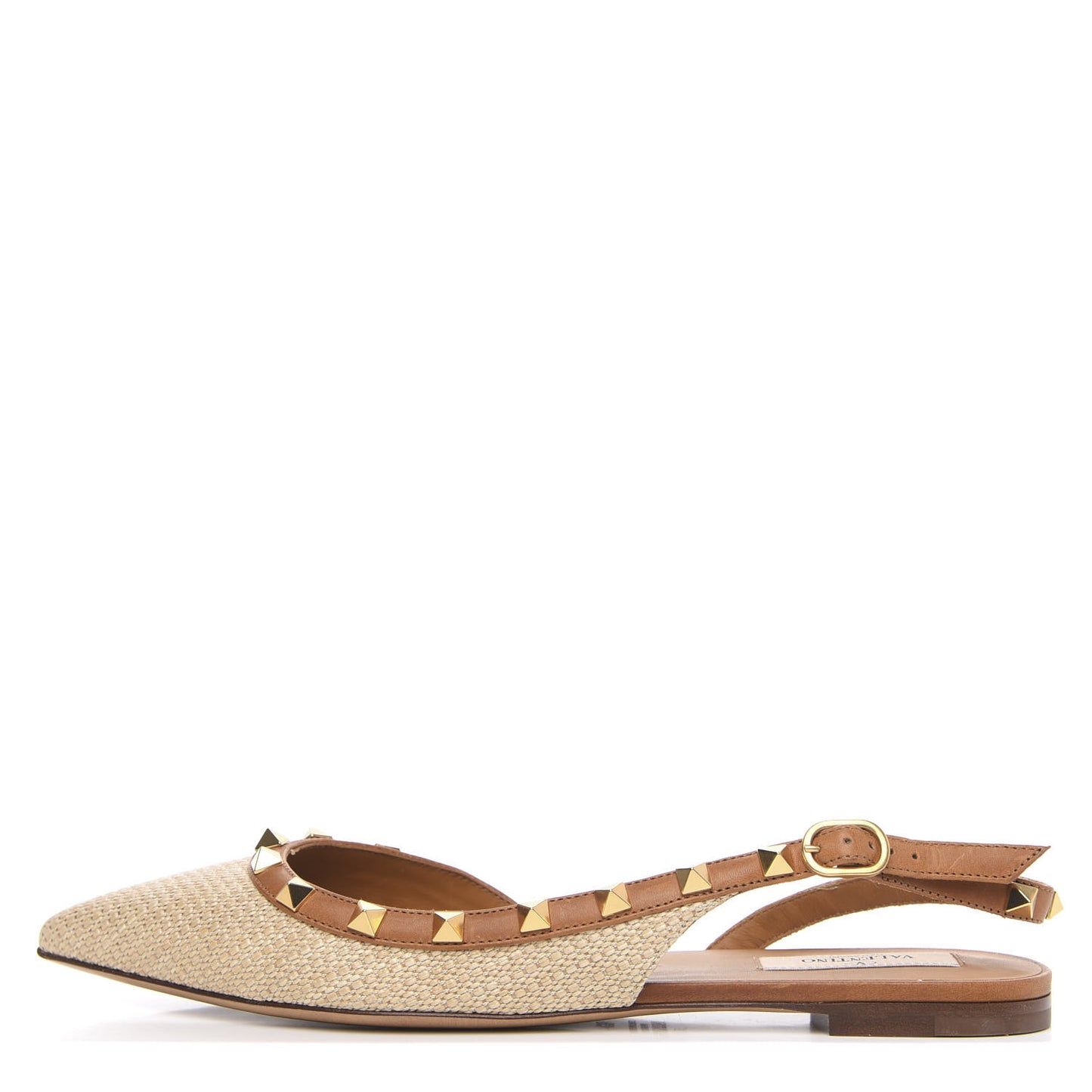 Raffia Calfskin Rockstud Slingback Flats 38 Naturale