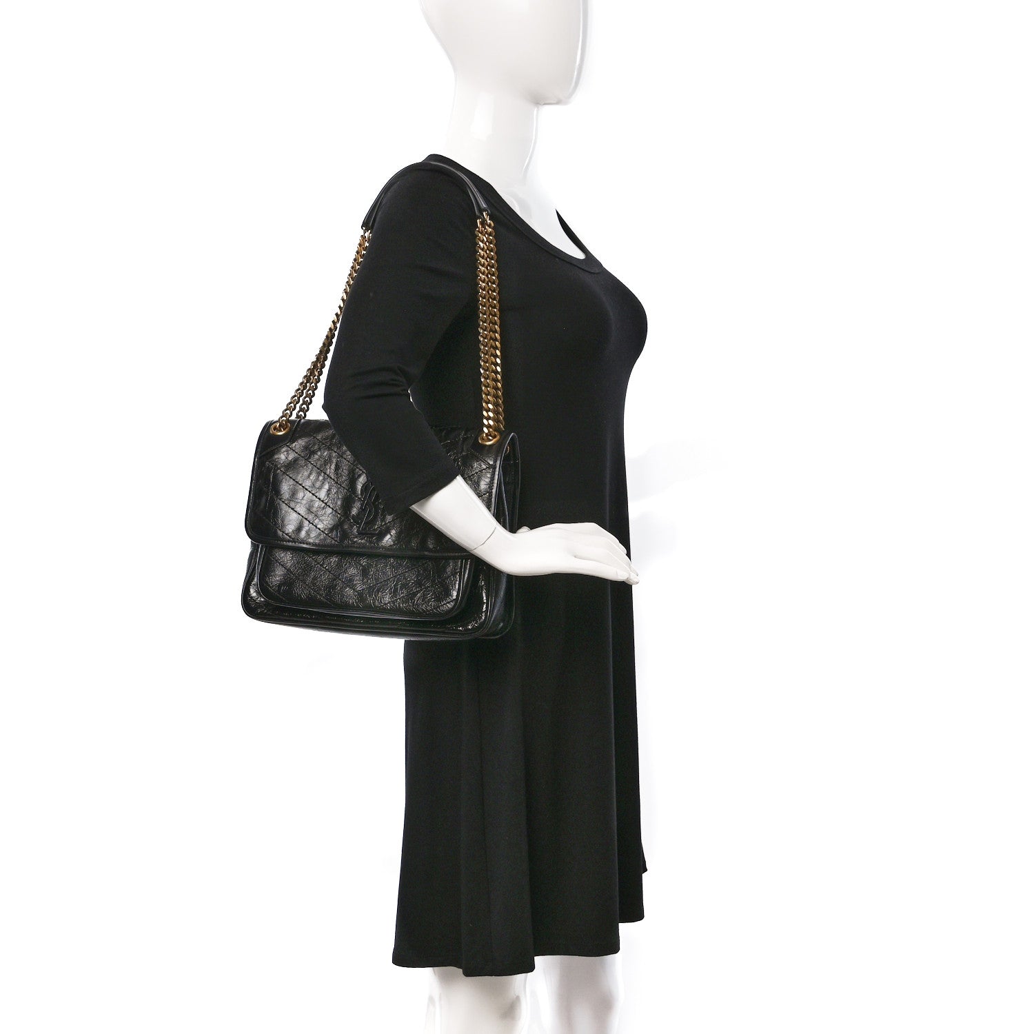 Saint Laurent Crinkled Calfskin Matelasse Monogram Medium Niki Chain Satchel Black 2 of 9