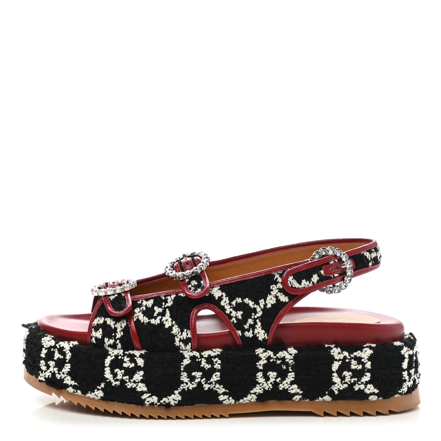 Tweed GG Monogram Crystal Angelina Platform Slingback Sandals 41 Black Natural Cerise