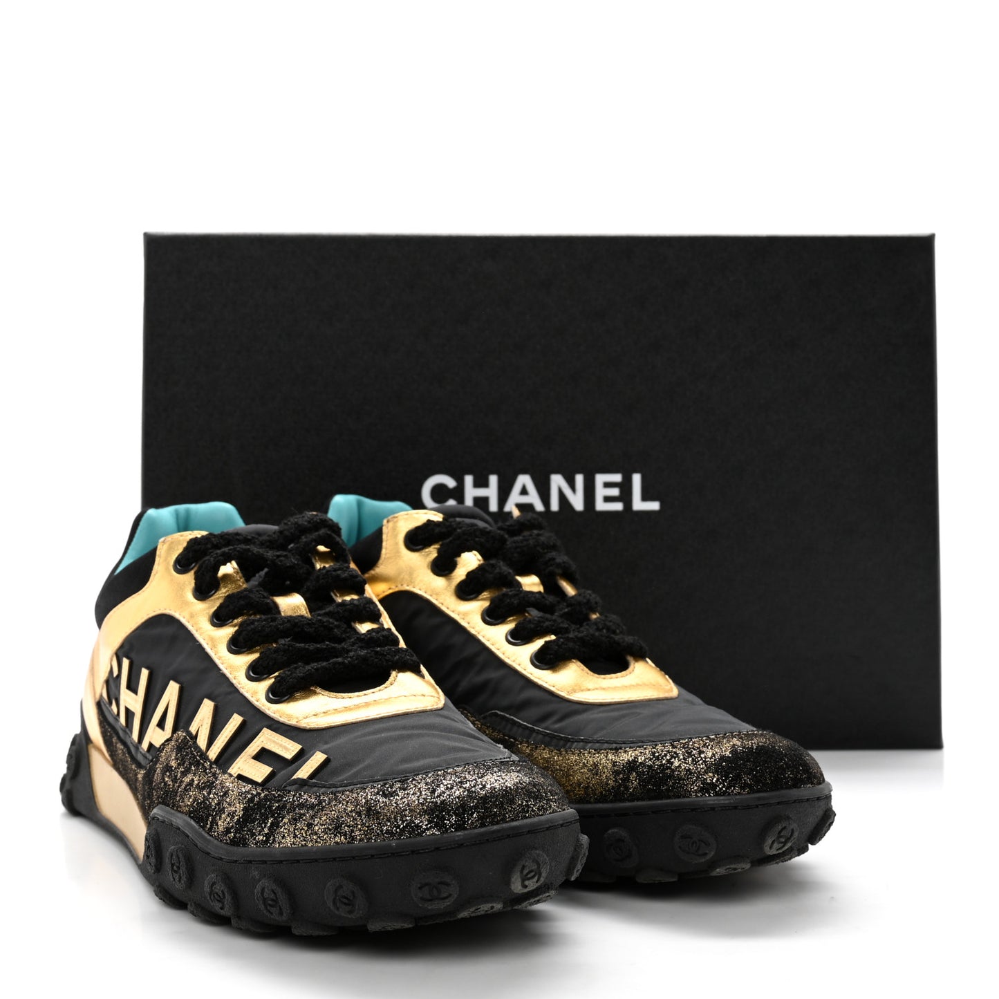 Metallic Lambskin Satin Finish Womens CC Sneakers 39.5 Black Gold