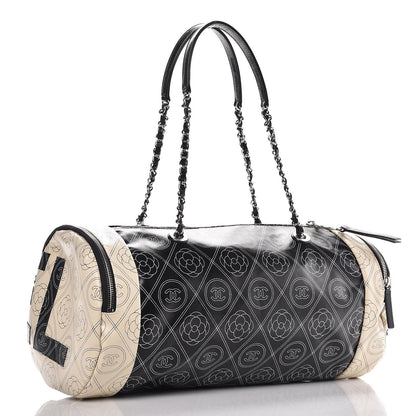 Chanel Coated Canvas Camellia Printed Calfskin Bowling Bag Black Beige 4 of 8