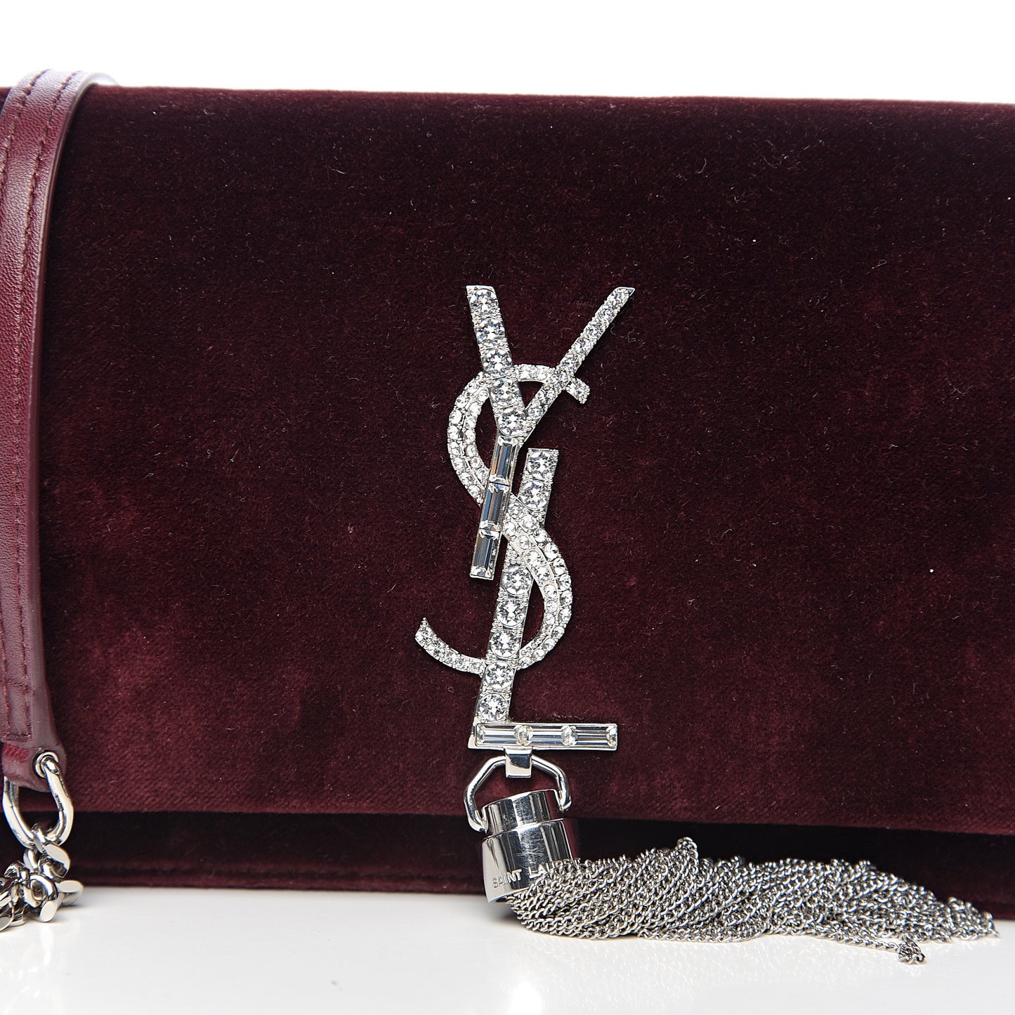 Velvet Crystal Monogram Kate Tassel Shoulder Bag Burgundy